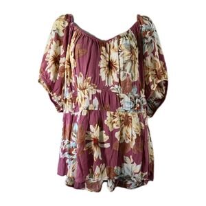 Maurices Shirt Women Plus 3X Rose Pink Ivory Floral Babydoll Short Puff Sleeves